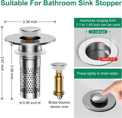 Vista 2 de Colador de Drenaje para Lavabo de Baño, Tapón Emergente Universal para Lavabo Recogedor de Pelo, Cesta de Filtro de Drenaje de Acero Inoxidable