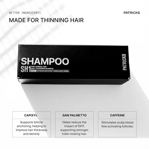 Vista 3 de PATRICKS SH1 Champú espesante diario para hombres, apoya la densidad del cabello, el volumen más completo y la salud del cuero cabelludo
