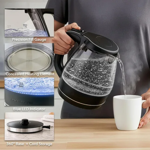 Vista 3 de OVENTE Electric Kettle, 1.5L Borosilicate Glass Countertop Water Heater and Boiler for Coffee or Tea, BPA-Free, Auto Shut-Off, Boil-Dry Protection