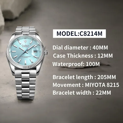 Vista 6 de CADISEN - Reloj de pulsera de acero inoxidable impermeable para hombre, mecánico, de negocios