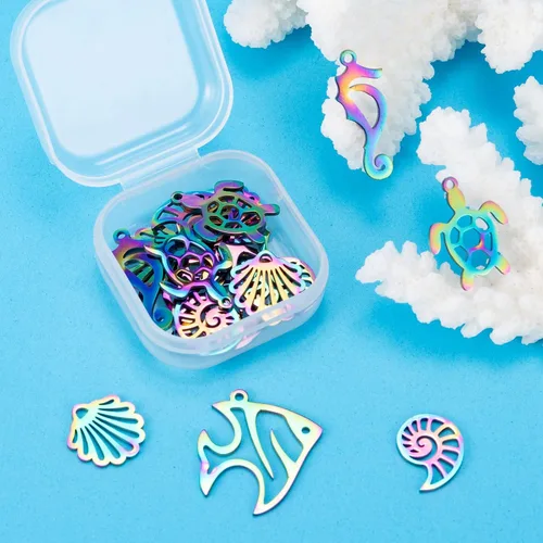 Vista 4 de 20 colgantes con temática oceánica de acero inoxidable con diseño de arco iris, dijes multicolor para hacer joyas, collares, aretes, pulseras