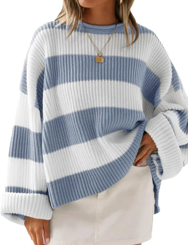 Vista 40 de ZESICA Suéter tejido sin botones de manga larga y cuello redondo, a rayas, bloques de color, cómodo, holgado, talla extragrande para mujer de 2024