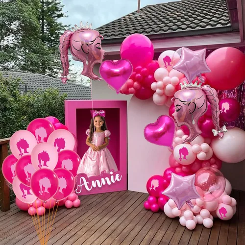 Vista 8 de 30 globos de papel de aluminio de princesa rosa intenso, globos de estrella de corazón rosa, cabeza de niña, kit de globos de látex