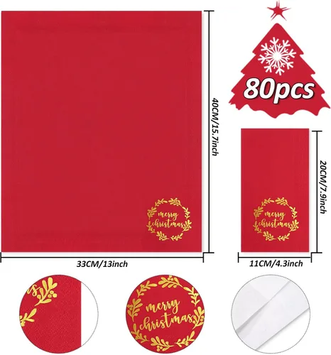Vista 2 de Whaline Servilletas de Navidad para invitados con corona de papel de aluminio dorado, servilletas desechables de 3 capas, servilletas de baño