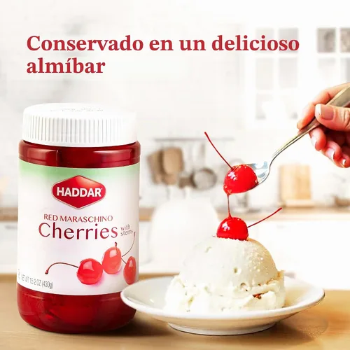 Vista 5 de Haddar Cerezas marrasquinas rojas con tallos, 12.6 onzas Cerezas de cóctel a la antigua Cerezas dulces y vibrantes para adornar postres