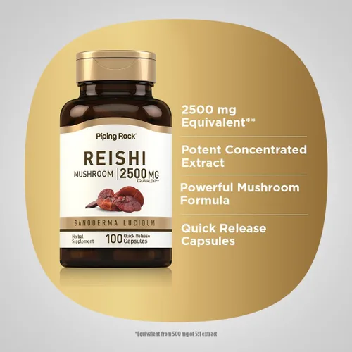 Vista 4 de Piping Rock Cápsulas de hongos Reishi 100 píldoras Suplemento de extracto de hierbas estandarizado con Ganoderma Lucidum Sin OMG, sin gluten