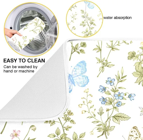 Vista 2 de Tapete de secado de platos con flores botánicas y mariposas para encimera de cocina, absorbente, almohadilla de secado de microfibra, grande 18x24