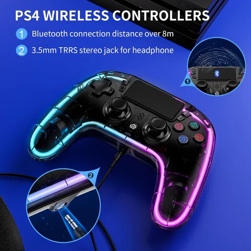 Vista 6 de BRHE Wireless PS4Controller with Hall Trigger Compatible with PS4SlimPro with Dual Vibration6-Axis Motion SensorRGB LED LightsProgramming Funtion