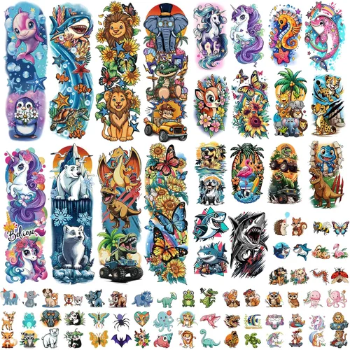 Vista 12 de Tatuajes temporales 3D que brillan en la oscuridad para niños, 117 unicornios, sirena, camión, dinosaurio, caricatura, animales, tatuajes falsos