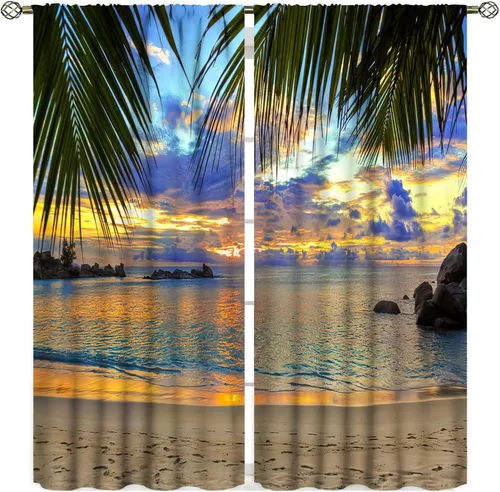 Vista 9 de Cortinas opacas para dormitorio con temática de vacaciones en la playa, palmeras, estilo verano, con bolsillo para barra, para sala de estar
