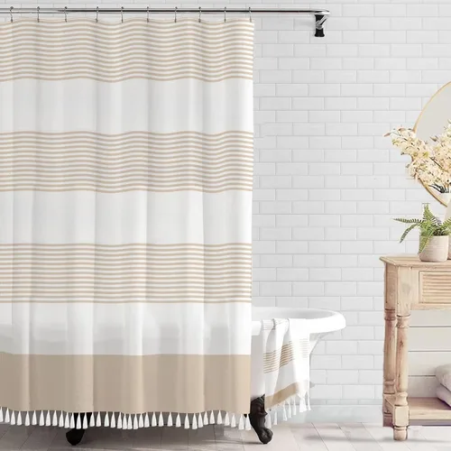 Vista 16 de bufftieo Cortina de ducha en blanco y negro para baño con diseño bohemia a rayas, cortina de ducha de tela moderna con borlas estilo granjero - 54