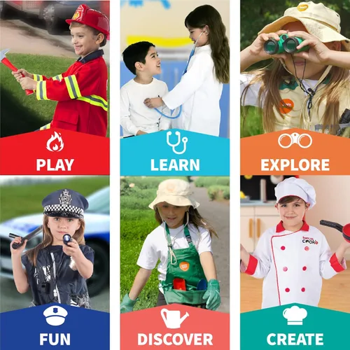 Vista 5 de Born Toys Disfraces 6 en 1 para niños y niñas disfraz para niños y niñas juego de simulación para policía bombero médico chef jardinero y explorador
