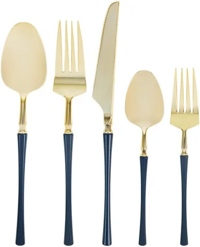 Vista 3 de Blue Sky Infinity Flatware - Cucharas de sopa doradas y azul marino, 20 unidades, lujosos cubiertos de plástico desechables para fiestas y eventos