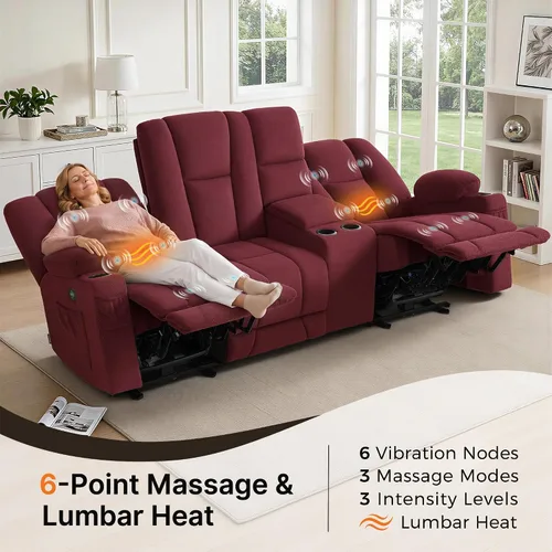 Vista 4 de MCombo Sofá reclinable eléctrico de gravedad cero con consola, masaje con calor y vibración, sofá reclinable de 3 plazas con puertos USB, portavasos