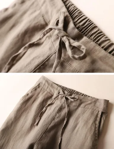 Vista 2 de IXIMO - Pantalones de pierna cónica para mujer, 100% de lino, cintura elástica con cordón ajustable en la espalda, longitud hasta el tobillo