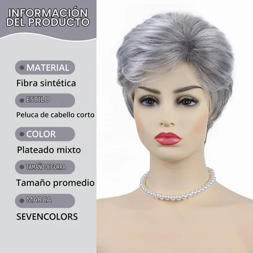 Vista 4 de Pelucas cortas gris plateadas para mujeres blancas, pelucas sintéticas con corte pixie natural y a capas con flequillo, peluca corta de pelo gris
