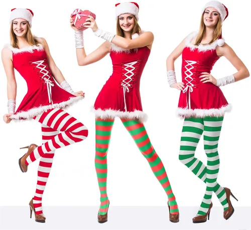 Vista 2 de YKYOBFA 3 pares de medias de Navidad a rayas, medias de longitud completa hasta el muslo para accesorio de disfraz de Navidad, multicolor, Varios