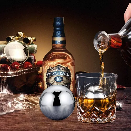 Vista 7 de Piedras de whisky, 2 piezas de cubitos de hielo de metal reutilizables, bolas de whisky redondas de acero inoxidable, bolas de whisky esféricas