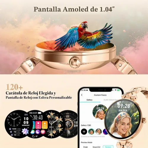 Vista 6 de Relojes inteligentes para mujer, pantalla AMOLED de 1.04", responder/hacer Oro rosa
