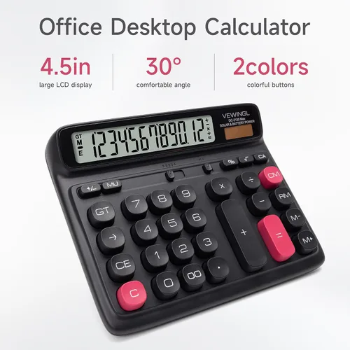 Vista 2 de VEWINGL Calculadora de escritorio, pantalla LCD grande de 12 dígitos, teclas grandes estilo computadora, doble potencia (solar y batería), modo