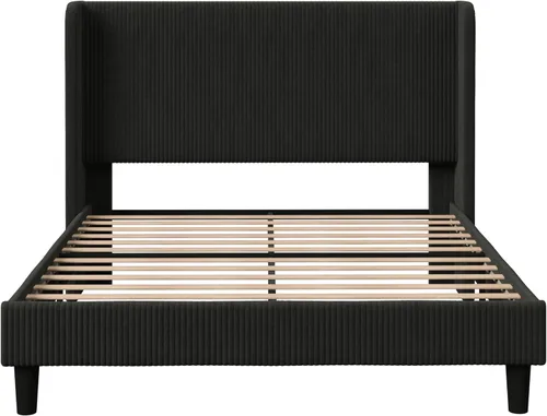 Vista 10 de Allewie Marco de cama tamaño completo con cabecera tapizada tipo wingback, cama plataforma de terciopelo de pana con capitoné de canales verticales