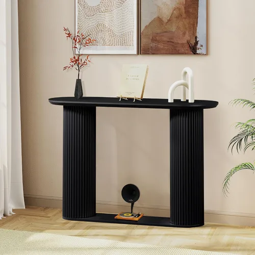 Vista 6 de Mesa Consola Acanalada, Mesa de Entrada Estilo Granja con Almacenamiento y Patas de Madera Acanalada, Mesa de Sofá Estrecha, Mesa de Entrada Pequeña