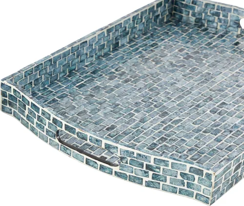 Vista 5 de Deco 79 Bandeja de madera con asas ranuradas, juego de 2 20', 18' W, azul