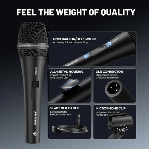 Vista 5 de Phenyx Pro Micrófono vocal, micrófono dinámico supercardioide con cable XLR de 16.4 pies, clip para micrófono, bolsa de almacenamiento, micrófono