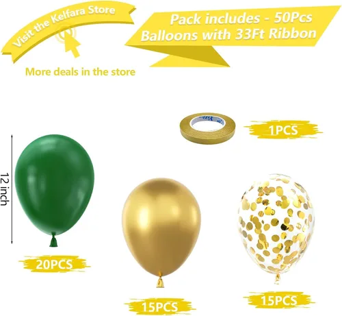 Vista 2 de Kelfara - Globos verdes y dorados, 50 globos metálicos de látex con confeti de 12 pulgadas con cinta para Navidad, día de San Patricio, Año Nuevo
