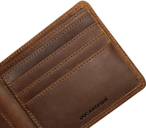 Vista 6 de Cartera de cuero para hombre Billetera plegable de cuero de grano completo 100% auténtico, Nuez, Classic