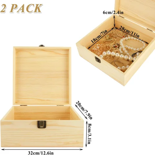 Vista 2 de Caja de madera de 2 piezas con tapa con bisagras, juego de caja de madera grande, baúl de manualidades sin terminar para pintura de bricolaje