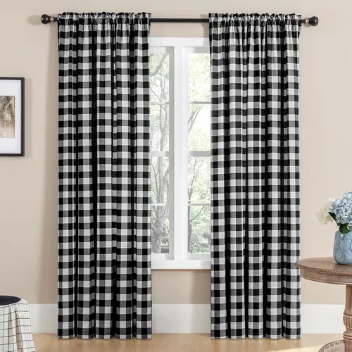 Vista 9 de Melodieux Buffalo - Cortinas a cuadros para sala de estar, dormitorio, estilo granja, estilo guingán, con textura de algodón, con bolsillo para Negro