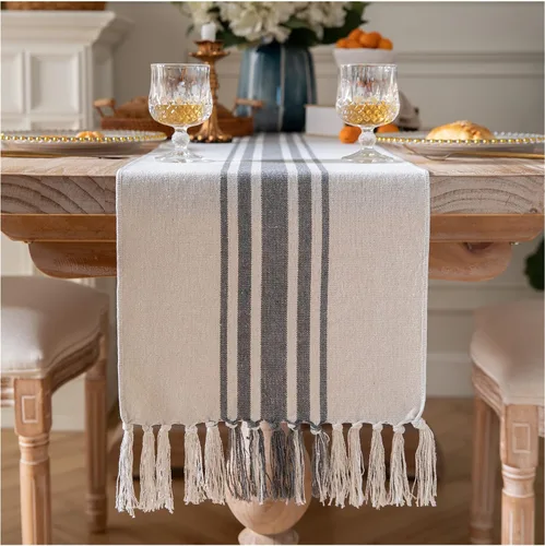 Vista 10 de Camino de mesa bohemio para decoración moderna de granja, decoración de mesa de comedor de 13 x 72 pulgadas de largo con borlas hechas a mano