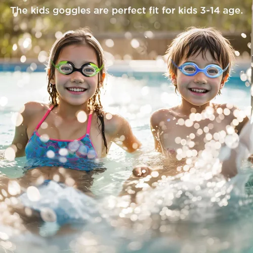 Vista 2 de Gafas de natación para niños, paquete de 2 gafas de natación de protección completa, sin fugas, antivaho para niños de 3 a 14 años