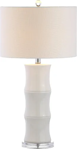 Vista 9 de JONATHAN Y Lámpara de mesa de cerámica gris de 26.5 pulgadas para sala de estar, mesita de noche de dormitorio, pantalla de tambor de lino blanco