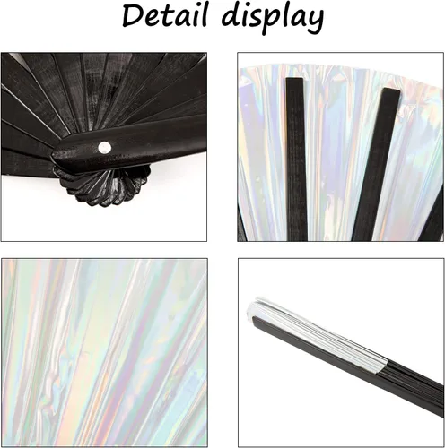 Vista 3 de Abanico rave, abanicos de mano plegables para festivales para mujer, ventilador de mano grande, ventilador de mano plateado, ventilador de mano