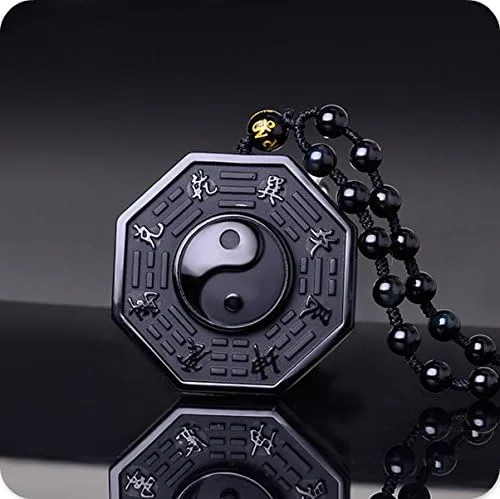 Vista 3 de Kitch Aroma Natural Tai Chi Grabado Negro Piedras de Obsidiana Colgante Collar con Extend Bead Chain