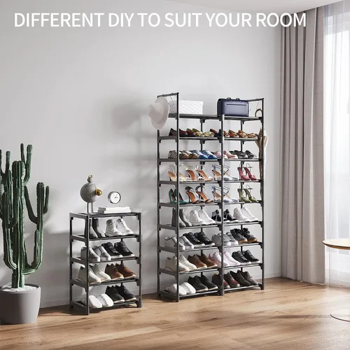 Vista 7 de Zapatero de 9 niveles para entrada, organizador de zapatos con gancho, estante de almacenamiento de zapatos, estante largo apilable para zapatos
