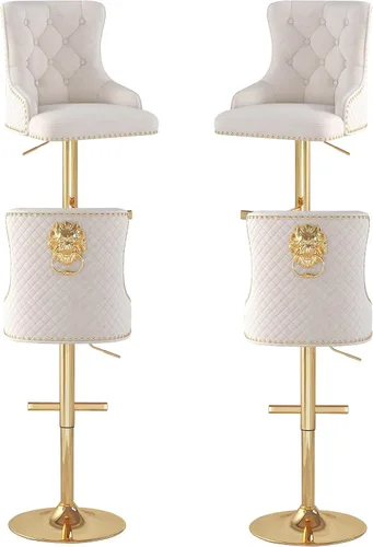 Vista 29 de Juego de 2 taburetes de bar de terciopelo, altura ajustable, base de metal dorado, beige Diseño de cabeza de clavo, función giratoria, ideal