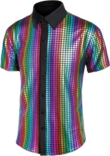 Vista 2 de Camisa de discoteca de los años 70 con lentejuelas de manga corta con botones, brillante disfraz de fiesta de graduación