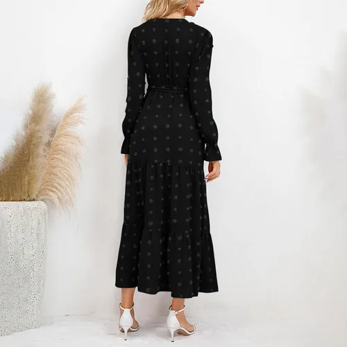 Vista 4 de Vifucz Vestido bohemio para mujer, de jacquard, con puños fruncidos, vestido largo casual de cintura alta, ajustado, vestido de fiesta fluido