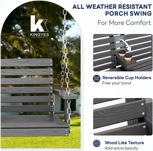 Vista 3 de KINGYES Columpio colgante para porche al aire libre, silla de patio de 2 asientos con portavasos, banco impermeable para patio y jardín, capacidad