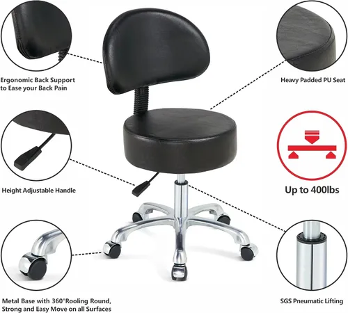 Vista 5 de Silla redonda con respaldo, acolchado grueso y resistente, taburete giratorio con ruedas, taburete ajustable con ruedas (con respaldo, negro)