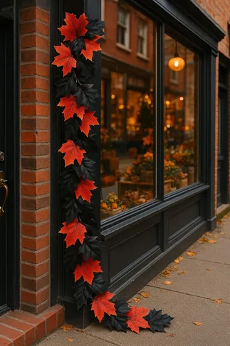 Vista 3 de Red & Black Fall Leaves Garland for Mantel, Staircase, Table Runner
