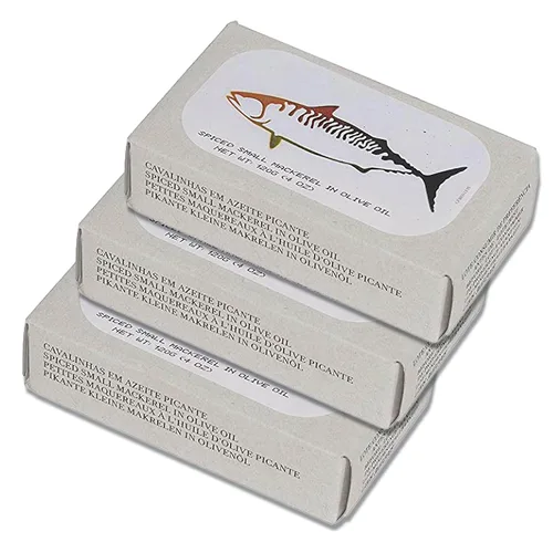 Vista 9 de Caballa pequeña enlatada especiada en aceite de oliva por Jose Gourmet, Caballa portuguesa capturada en la naturaleza, pescado enlatado en aceite