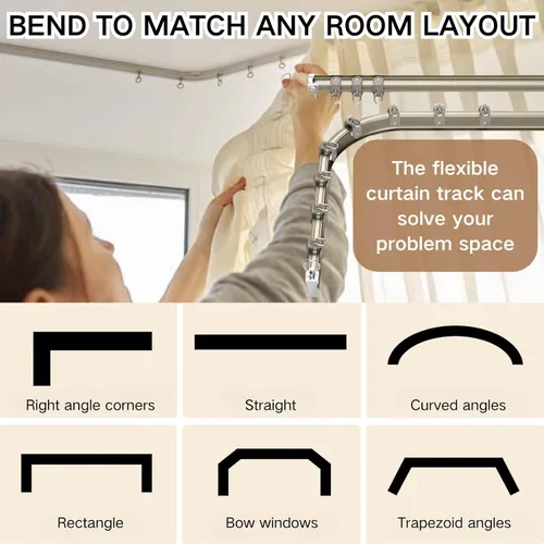 Vista 3 de Curved Shower Curtain Rod Ceiling Curtain Track Rieles Para Cortinas Corredizas De Techo Mount For Room Divider, L Shape U Shape Bay Windows, RV