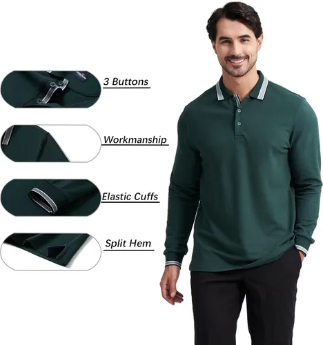 Vista 4 de Polo de piqué para hombre, manga larga, con punta de mezcla de algodón, casual, con cuello, ajuste clásico