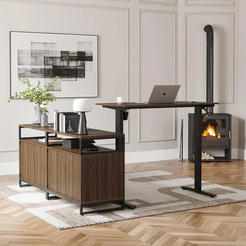 Vista 4 de FEZIBO Escritorio de pie en forma de L de 66 pulgadas con cajones y estantes, mesa ejecutiva de altura ajustable, parte superior de nogal