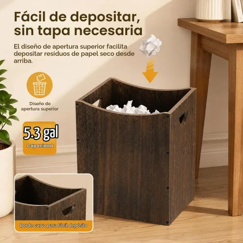 Vista 2 de Vrisa Basurero rectangular de madera de 5.3 galones con asas integradas, pequeño bote de basura para dormitorio, oficina, cocina, baño, debajo