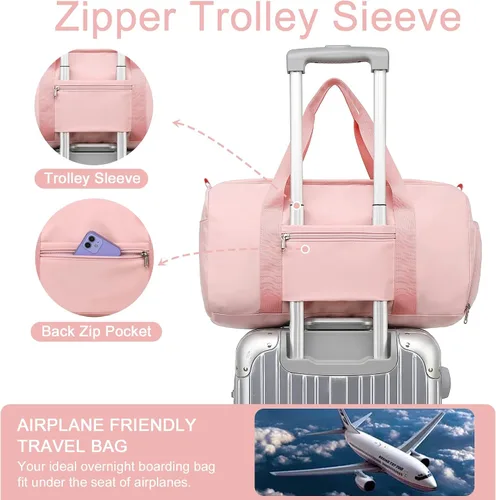 Vista 7 de Bolsa de viaje deportiva para gimnasio para hombres y mujeres con compartimento para zapatos, bolsillo húmedo, Rosa (Pure Pink), Bolsa de gimnasio